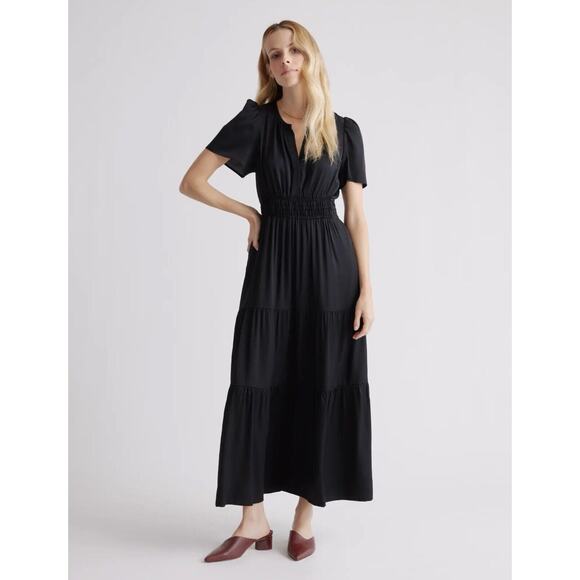 New Quince Silk Tiered Maxi Dress Small Black Bohemian Gothic Whimsy Small 3623 - Picture 1 of 14